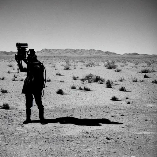 Image similar to a man wearing a gasmask, heavily equipped, in the desert, film still, arriflex 35