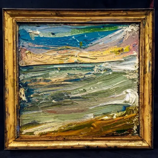 Prompt: oil paint impasto relief, beautiful italian beach scene, multi layered thick brush marks, some splattered paint, in the style of lucian freud and frank auerbach