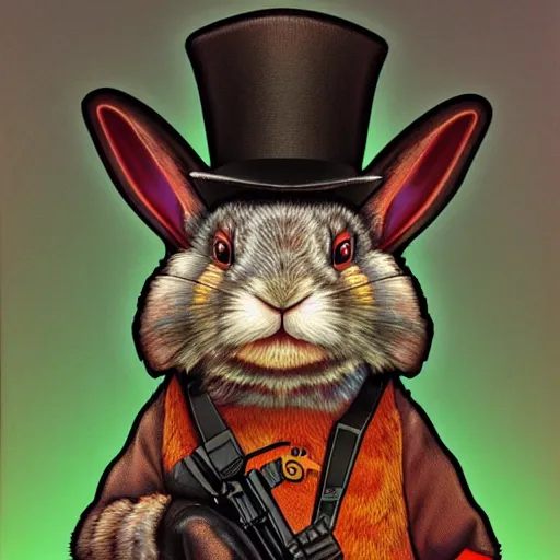 Prompt: portrait of rabbit with UV neon fur holding a machine gun , 8k, highly detailed, sharp, realistic, in style of Brom