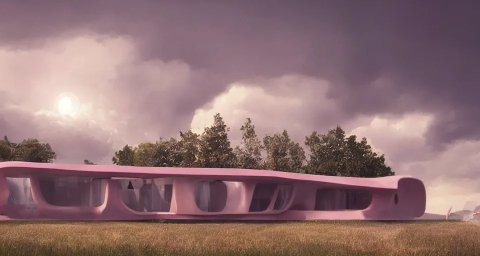 Image similar to modernist house in the shape of a hamburger, light pink clouds, dramatic lighting, artstation, matte painting, raphael lacoste, simon stalenhag, frank lloyd wright, zaha hadid