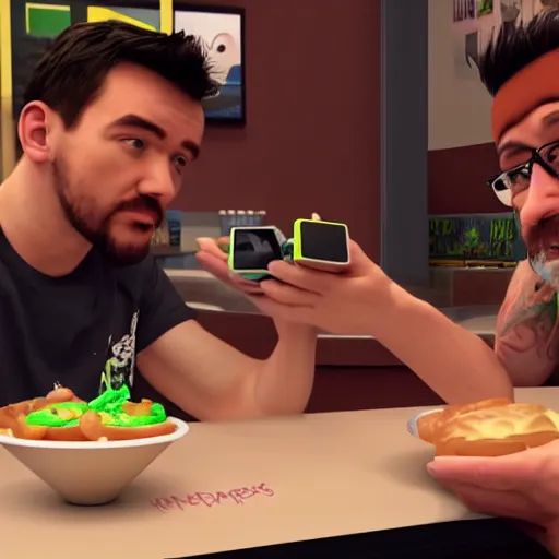 Image similar to Jacksepticeye eating in McDonald's with Markiplier, shot on iphone, photorealistic, realistic lighting,