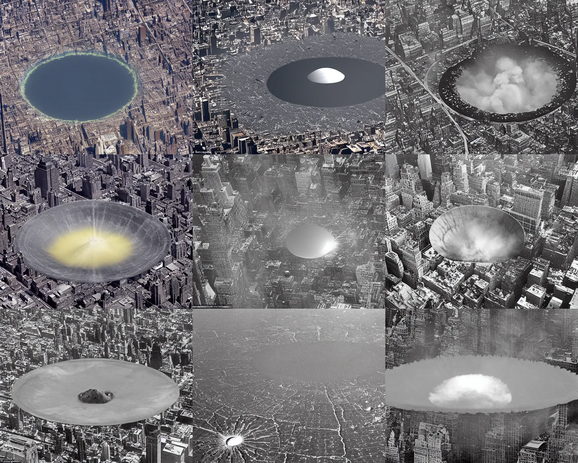 Prompt: aerial photo of a mile-wide crash crater the middle of New York City, enormous destroyed crashed alien flying saucer UFO mothership in the center of the crater, flames coming from the cashed destroyed huge spaceship, smoke emanating from the crater