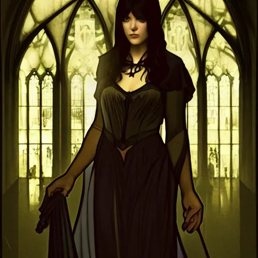 Image similar to a photo of mary elizabeth winstead as a vampire in a gothic cathedral at night, gloomy, horror, by artgerm and alphonse mucha and ross tran and greg rutkowski.