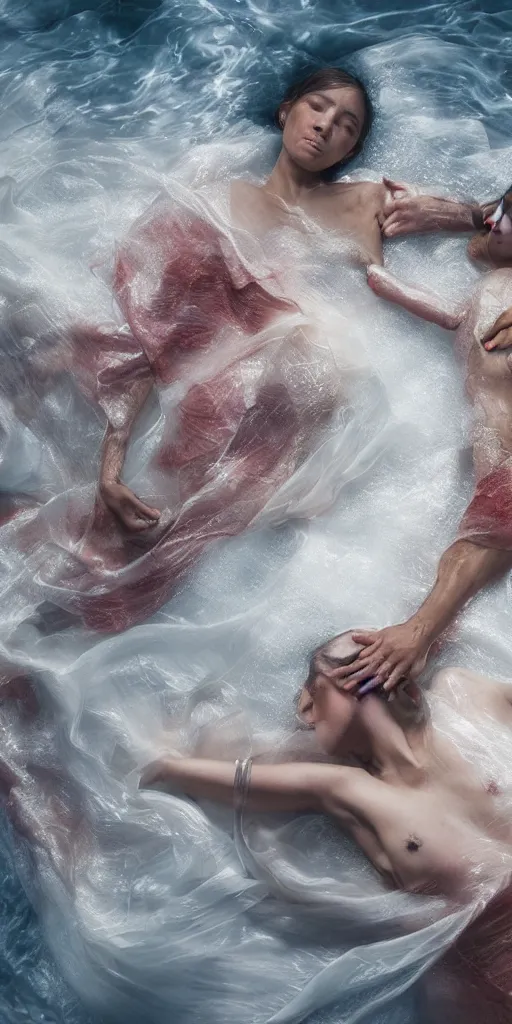 Prompt: two people fighting, human bodies draped in silk + anatomy, bone, skin + fabric flowing in the water, God rays, Beautiful and elegant, cinematic, photo realistic, ultra details