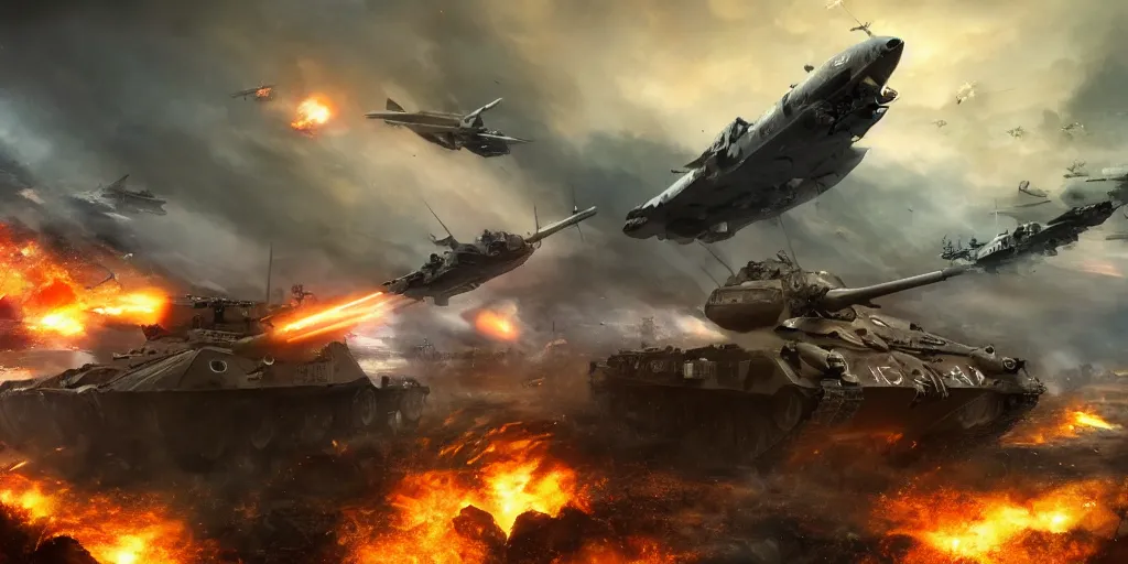 Image similar to World war 3, Huge battle, explosions, epic fight, shockwave, cinematic battle, vast, sense of scale, trending on art station, tanks, planes, bombers, infantry 8k
