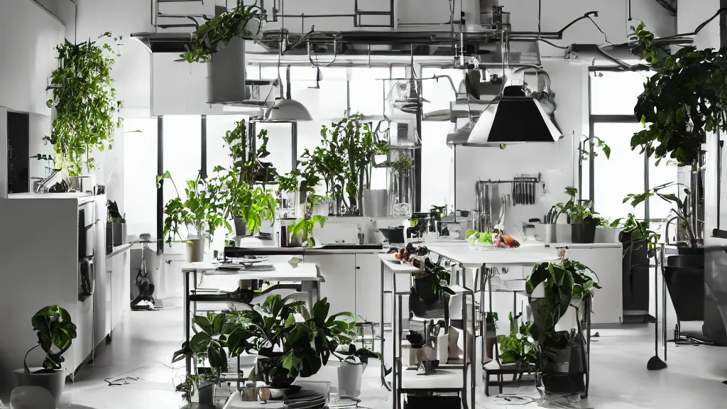 Image similar to Ikea catalogue photo, high end technological cyberpunk house style kitchen, intricate statues, various lush plant life, iridescent flooring, riveted steel furniture