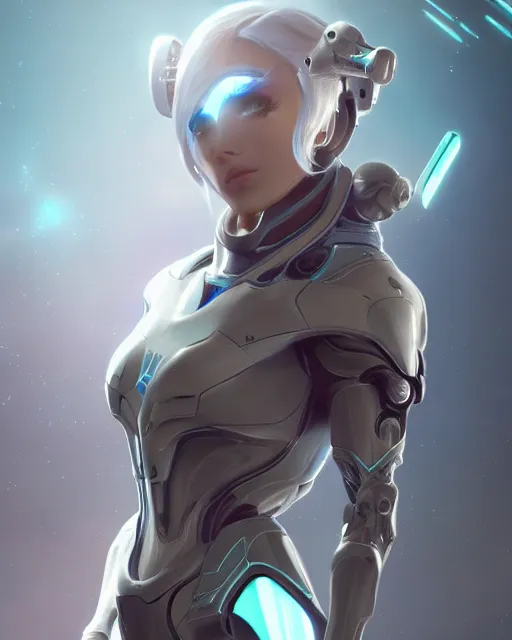 Image similar to perfect android girl on a mothership, warframe armor, beautiful face, scifi, futuristic, galaxy, nebula, raytracing, dreamy, long white hair, blue cyborg eyes, sharp focus, cinematic lighting, highly detailed, artstation, divine, by gauthier leblanc, kazuya takahashi, huifeng huang