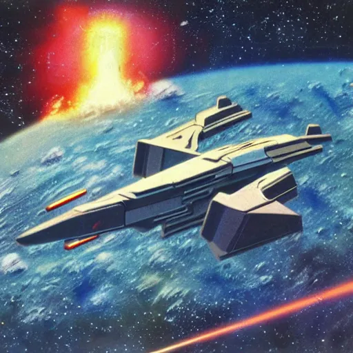 Image similar to starship destroyed by laser beam shot by another starship, 1 9 8 0 s concept art, vintage, high saturation colors, high quality, hand drawn