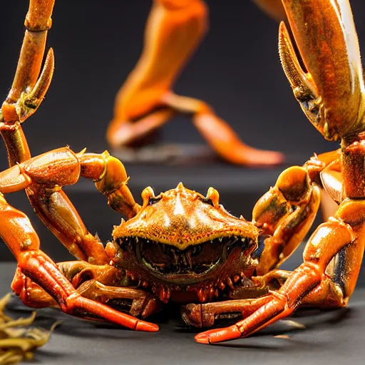 Prompt: photo taken of an epic intricate, ultra detailed, super realistic sculpture of a wet slimy nightmarish hellish demonic dead human head sprouting crab legs animatronic on display in a workshop, created by weta workshop, photorealistic, sharp focus, f 0. 4, face centred, macro photography, golden ratio, golden hour