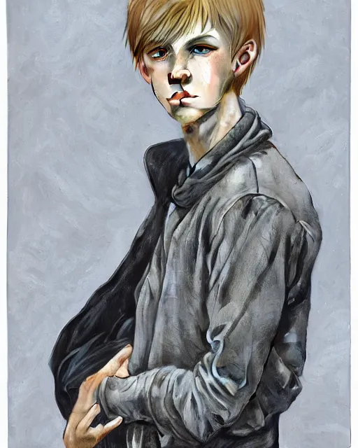 Image similar to portrait of 1 5 - year - old boy, a tall, slender boy with a pale, pointed face, sleek blond hair, and ice grey eyes, wearing black clothes, hyper realistic face, beautiful eyes, close up, fantasy art, in the style of greg rutkowski, intricate, alphonse mucha, hyper detailed, smooth