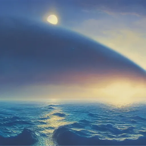 Image similar to beautiful matte painting of a dreamy ocean with clouds, sci - fi, daylight, blue sky, cinematic lighting, cinematic perspective, black planet above, syd mead, john harris, federico pelat, detailed, 4 k, hd