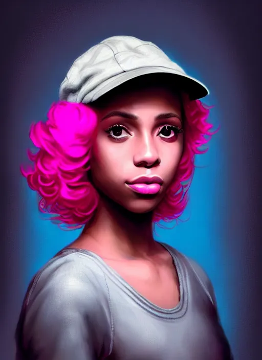 Image similar to portrait of teenage vanessa morgan with bright pink hair, black girl, vanessa morgan, curly pixie cut hair, wearing newsboy cap, newsboy cap, hoop earrings, intricate, elegant, glowing lights, highly detailed, digital painting, artstation, concept art, smooth, sharp focus, illustration, art by wlop, mars ravelo and greg rutkowski