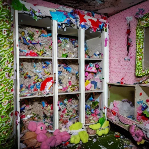 Image similar to sour patch kids at war inside abandoned dollhouse