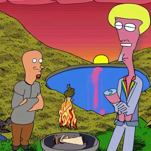 Prompt: American Dad's Roger the Alien, Frank Zappa, Jimi Hendrix, Brock Lesnar, a waterfall and pond, sunrise, campfire, a pot of gold, high definition