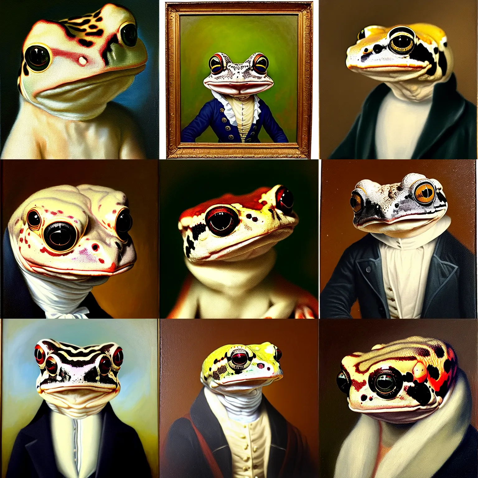 Image similar to a head and shoulders portrait painting of an anthropomorphic!!!!!!!!!! amazon milk frog!!!!!!!!!! wearing a colonial outfit without a hat looking off camera, a character portrait, american romanticism, oil on canvas, soft focus