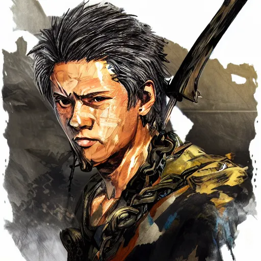 Image similar to portrait of a hero holding his sword in front of his face by yoji shinkawa, high quality, extra details, realism, ornate, colored, golden chain, blood, white skin, short hair, brown eyes, vivid, sunlight, dynamic, american man, freedom, white american soldier, spray paint