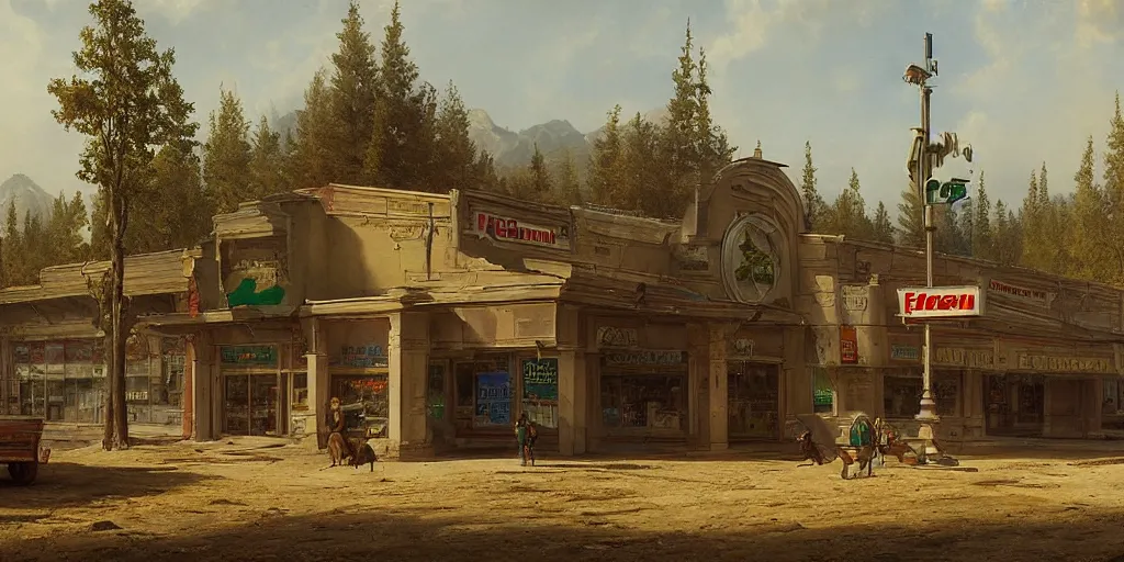 Image similar to epic matte painting of a 7 - eleven by ivan shishkin and asher brown durand