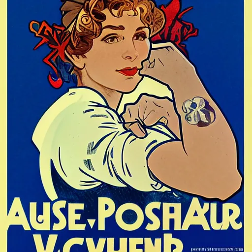 Prompt: a portrait of Rosie the riveter by Alphonse Mucha, art nouveau card, concept art, wlop, trending on artstation, 8k
