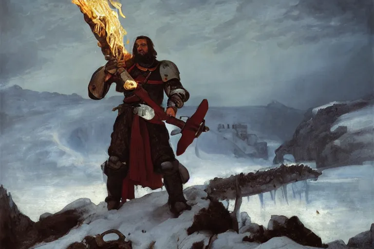 Prompt: landscape realistic painting image of a templar knight with one mechanical hand, carrying a fire sword and wielding it at the ice dragon. dramatic scene, realism, created by gustave courbet and michaelangelo, trending in artstation, fine art, smooth draw with oil painting.