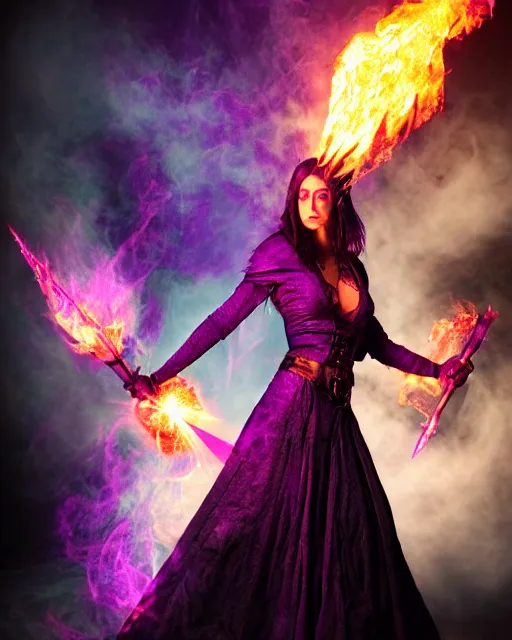 Image similar to pyromancer witch cover in purple flames, deep pyro colors, purple laser lighting, award winning photograph, radiant flares, realism, lens flare, intricate, various refining methods, micro macro autofocus, evil realm magic arts, polaroid picture taken by michael komarck - daniel dos santos