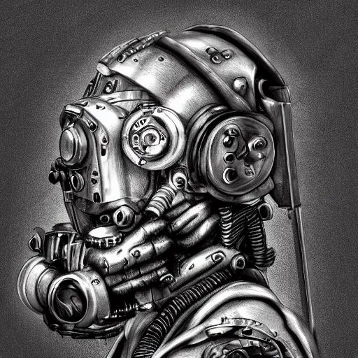 Prompt: technical drawing of a cyborg, black steel and metal, sketched in steampunk style, black ink, white paper, cinematic, hyper realistic, rendered, 8 k, old, fine details