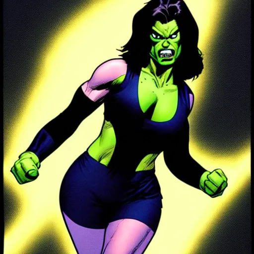 Prompt: Aubrey Plaza as She-Hulk, atmospheric lighting, Image 90s style, intricate, golden hour, ultra detailed by Jim Lee and Travis charest