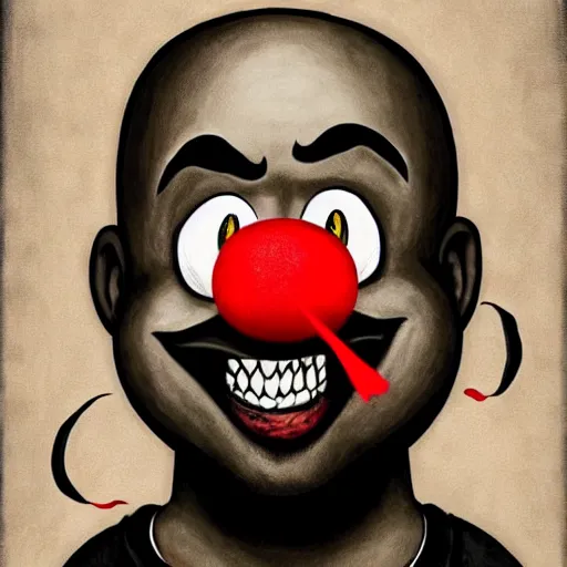 Image similar to grunge cartoon painting of kanye with a wide smile and a red balloon by chris leib, loony toons style, pennywise style, corpse bride style, horror theme, detailed, elegant, intricate