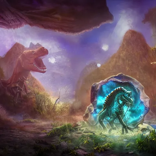 Image similar to a dinosaur skeleton on a quartz cracked geode, iridescent colors, fairy atmosphere, matte-painting