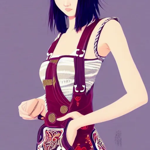 Image similar to a beautiful young japanese natalie portman alluring gravure model, wearing elaborate elegant designer overalls, elegant overalls with mesoamerican patterns, mesoamerican native street fashion, princess mononoke, by and wlop and ilya kuvshinov and artgerm and, aesthetic, gorgeous, stunning, alluring, attractive, artstation, pinterest, digital art