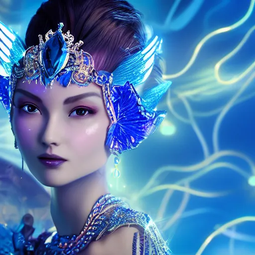 Image similar to photo of wonderful princess of sapphire with fair skin, she has her eyes closed, glowing, ornate and intricate blue jewelry, jaw dropping beauty, eyepopping colors, dynamic lighting, glowing background lighting, blue accent lighting, photorealistic, hyper detailed, award winning photography, 4 k octane render