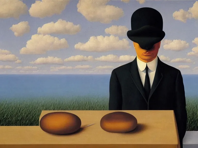 Image similar to painting by rene magritte, high detail, high resolution