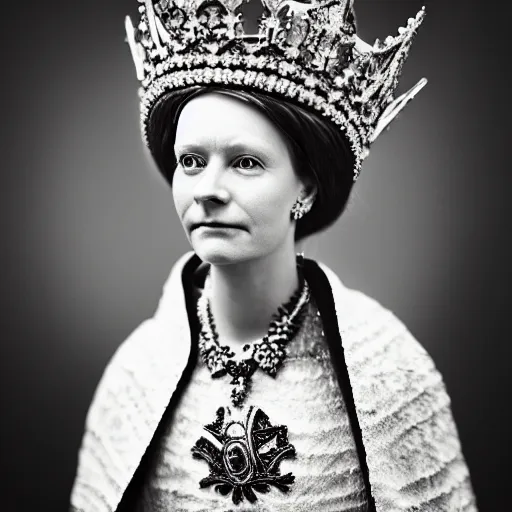 Prompt: portrait photograph of a very beautiful Scandinavian queen with ornate cloak, bokeh, graflex camera, macro 20mm