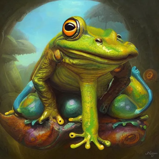 Image similar to frog - elephant creature, colorful oil painting by justin gerard