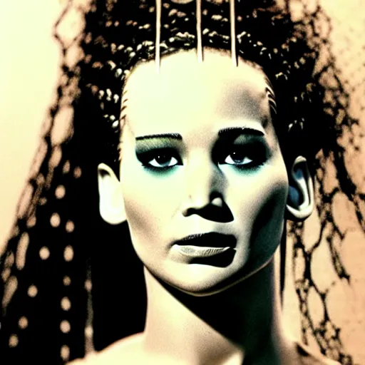 Prompt: close up detail of the face of jennifer lawrence as the bride of frankenstein, relistic,