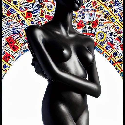 Image similar to masterpiece of a glossy black marble statue of an african girl with colorful african pattern logos in the background in the style of virgil abloh, very very beautiful, detailed, realistic carved marble statue, fine art, off white, heron preston, techno, rave, 8 k, 4 k, detailed, realistic, beautiful, symmetrical, vogue, paris, fashion