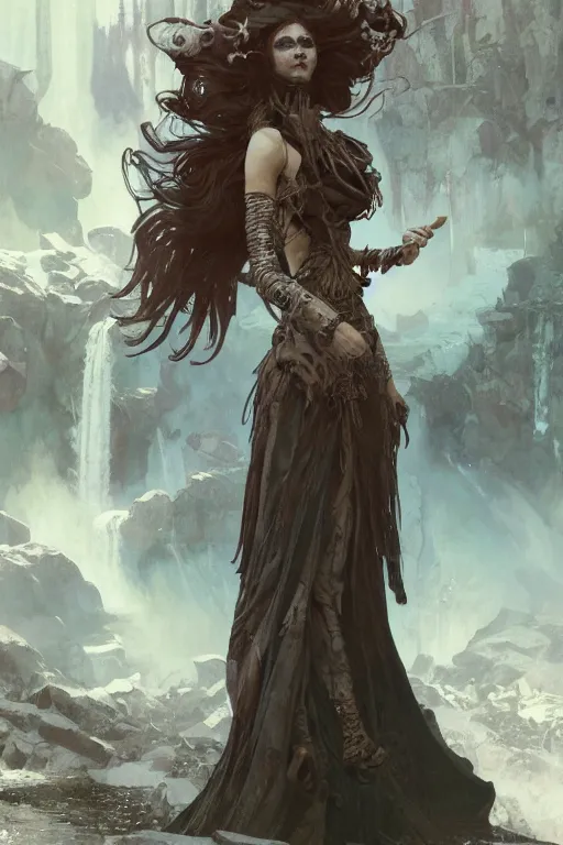 Image similar to a full body portrait of a beautiful post apocalyptic offworld nordic necromancer dancing by the waterfalls, intricate, elegant, highly detailed, digital painting, artstation, concept art, smooth, sharp focus, illustration, art by krenz cushart and artem demura and alphonse mucha