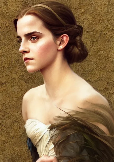 Prompt: emma watson belle, intricate, elegant, highly detailed, digital painting, artstation, concept art, smooth, sharp focus, illustration, art by artgerm and greg rutkowski and alphonse mucha and william - adolphe bouguereau