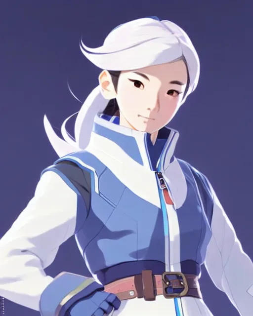 Image similar to a south korean female from video game paladins, she wears a light blue jacket, white ponytail hair, detailed perfect face, exquisite details, fire magic, mid view, design on a white background, by studio muti, greg rutkowski makoto shinkai takashi takeuch studio ghibli