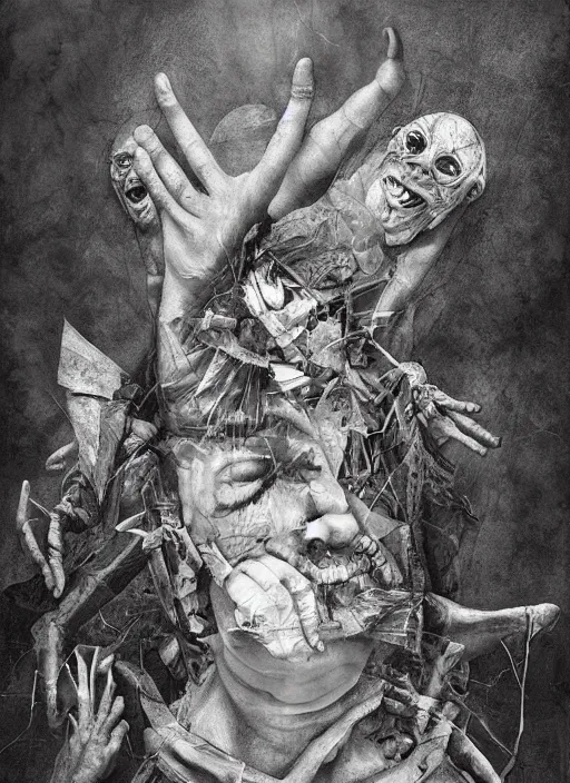 Prompt: Politicians hide themselves away, They only started the war, Why should they go out to fight, They leave that role to the poor, creepy, diabolical, dark, mystical, intrincate, maximalism, by Marco Mazzoni, Otto dix and Ryohei Hase