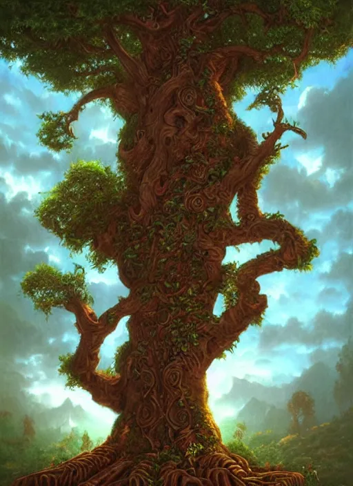 Image similar to ayahuma tree with a tribal face in its trunk, art by christophe vacher