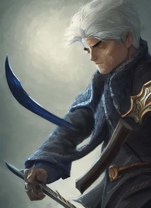 Image similar to a highly detailed illustration of short slick back white haired man wearing dark blue coat, dramatic wielding sword pose, intricate, elegant, highly detailed, centered, digital painting, artstation, concept art, smooth, sharp focus, league of legends concept art, wlop