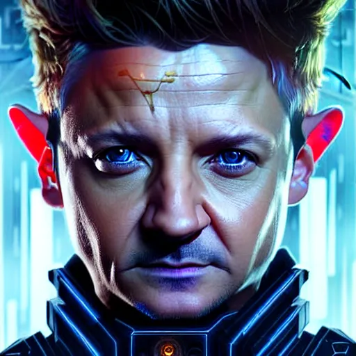 Image similar to portrait painting of a cyberpunk elven cop who looks like jeremy renner, ultra realistic, concept art, intricate details, eerie, highly detailed, photorealistic, octane render, 8 k, unreal engine. art by artgerm and greg rutkowski and charlie bowater and magali villeneuve and alphonse mucha