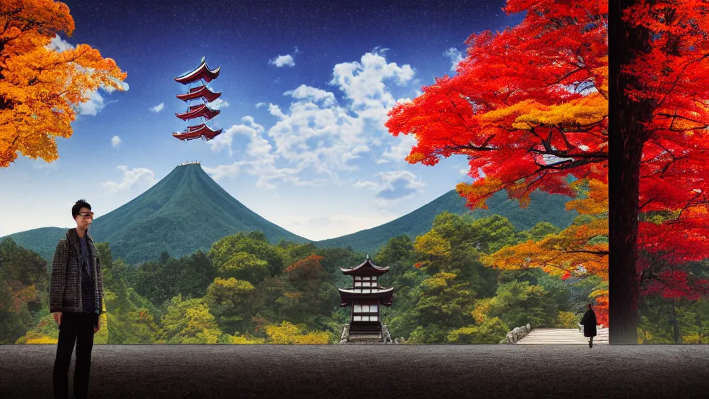 Image similar to a german photographer with dslr, at a vast temple under a vivid autumn sky, aomori japan, a collage painting, in the style of wes anderson, lola dupre, david hockney, isolated on negative white space background dark monochrome neon spraypaint accents volumetric octane render