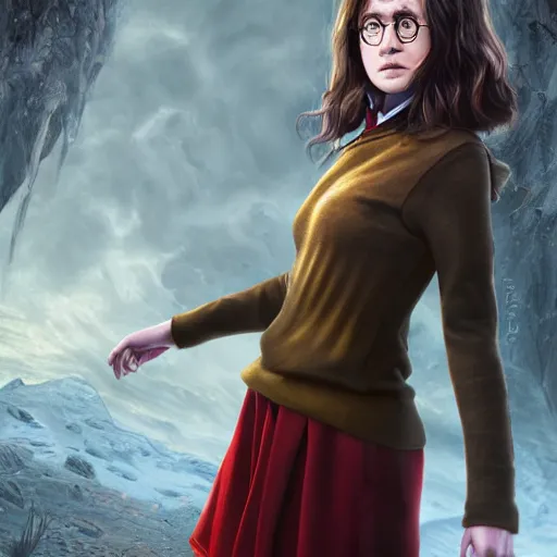 Prompt: photorealistic full body portrait of harry potter if he was a girl, 8 k, hyper detailed illustration, fantasy art, concept art, fantasy colours, skirt, long black hair, circular glasses, beautiful curves, unreal engine 5 render