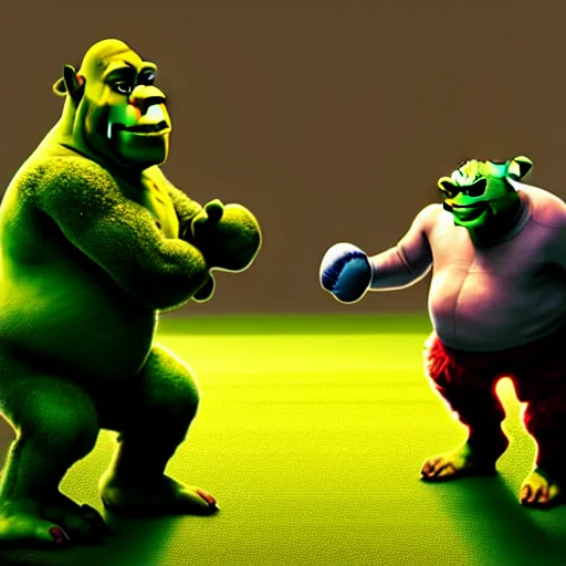 Image similar to boxing standoff between barrack obama and shrek, hyperrealistic picture,, fantasy art, photo realistic, dynamic lighting, artstation, poster, volumetric lighting, very detailed, 8 k, award winning