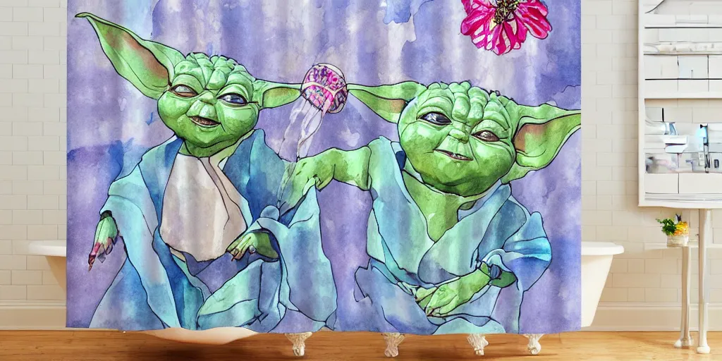 Prompt: shower curtain product catalog. wide - angle photo. on the curtain is a watercolor. the water color has ink under drawing of a butterfly. the butterfly is flying over baby yoda. wide - angle product photography of a shower curtain, product lighting. 4 k, highly detailed. saturated.