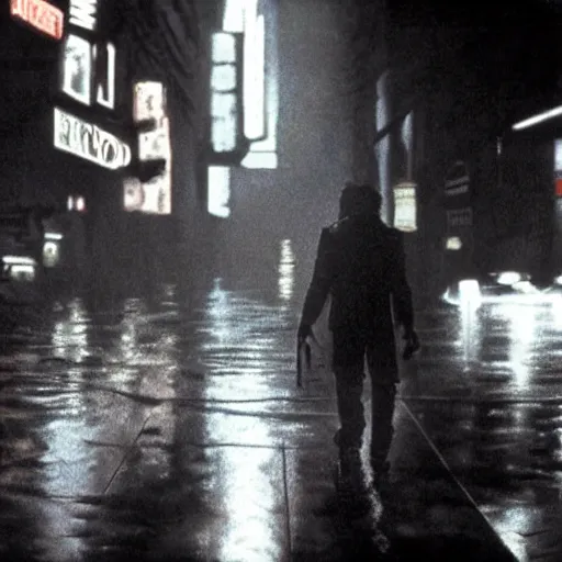 Prompt: potrait of clint eastwood in blade runner 1982 by Ridley Scott posing on a neon rainy street in headlights, steam from ground, movie shot