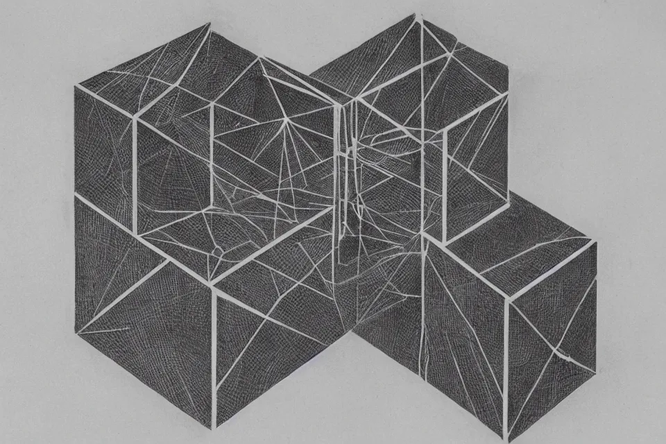 Image similar to geometric anamorphic drawing of a tesseract