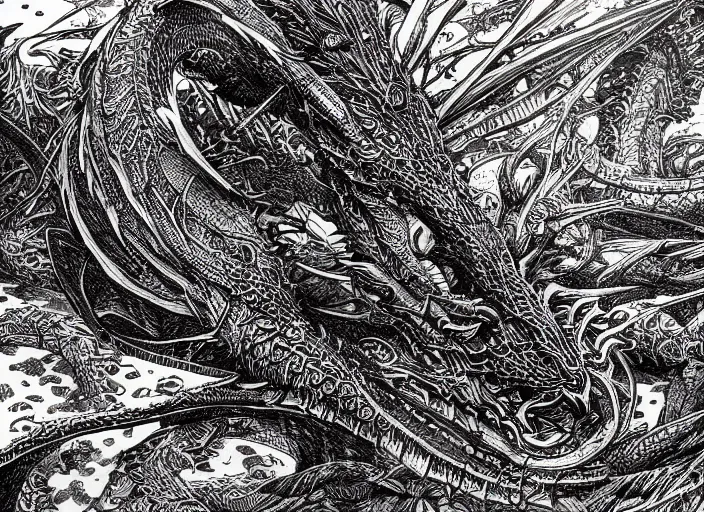 Prompt: black micron pen illustration, dragon steam punk, clean lines, really clear, crisp detail, fine pen, artstation, Ian Miller