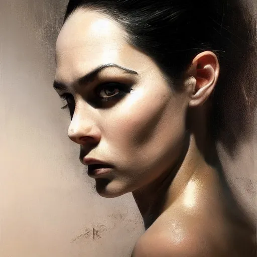 Image similar to Face of a beautiful woman with very black hair, intimidating woman, large black eyes, high forehead, smooth pale skin, ethereal skin, ominous, eldritch. oil painting by nuri iyem, james gurney, james jean, greg rutkowski, highly detailed, soft lighting, chiaroscuro